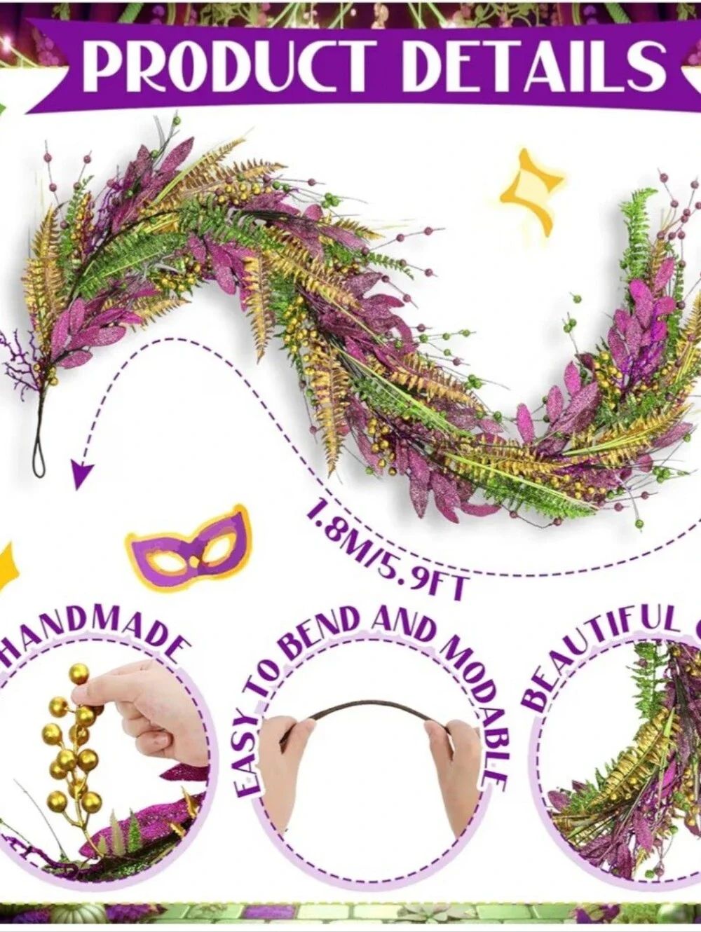 Mardi Gras Purple & Green Fireplace Garland Set. 5.9 FT. NEW.